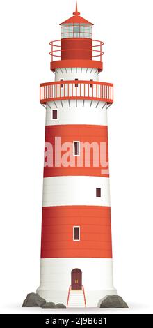 Realistic red lighthouse building isolated on white background vector illustration Stock Vector