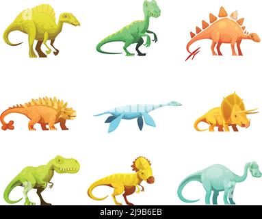 Funny retro style dinosaurus cartoon characters figures of largest prehistoric animals collection abstract isolated vector illustration Stock Vector