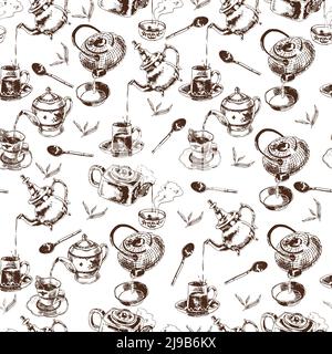 Teapot and cups traditional tea ceremony accessories vintage seamless wrap paper pattern doodle sketch vector illustration Stock Vector