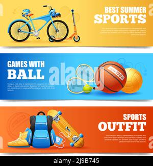 Summer sports cartoon horizontal banners set with cycling and basketball isolated vector illustration Stock Vector