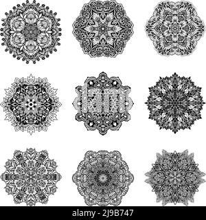 Decorative black and white mandala symbols set isolated vector illustration Stock Vector