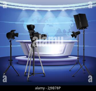Realistic blue news studio interior with table on pedestal world map on wall floodlight camera vector illustration Stock Vector