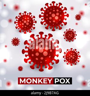Monkeypox virus cells outbreak medical banner. Monkeypox virus cells on white square background. Monkey pox microbiological vector background. Stock Vector