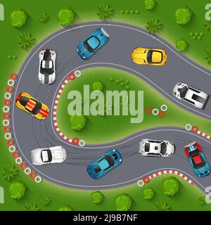 Cars Drifting Top View Background. Rally Cars Drifting Vector Illustration. Sport Cars Drifting Cartoon Design. Racing Cars Drifting Decorative Symbol Stock Vector