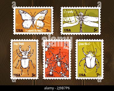 Set of postage stamps with insects drawn in sketch style on wooden background poster vector illustration Stock Vector
