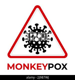 Monkeypox virus icon in red warning triangle sign on black square background. Monkeypox virus cell outbreak medical banner. Vector monkey pox cell. Stock Vector