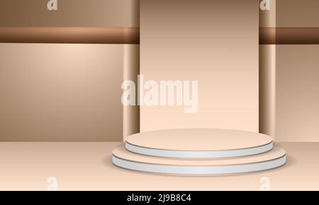 Realistic 3d podium product round display with geometric decoration on the wall. Soft cream 3d background with scene display podium for product. 3d Stock Vector