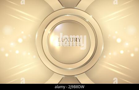 Luxury background. Beige and glass round frame with gold rings on a beige luxury background with a glitter light effect. 3d vector illustration. Stock Vector