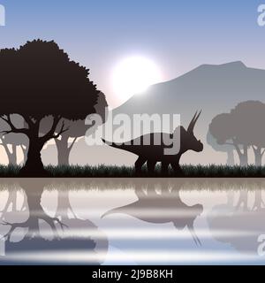 Triceratops dinosaur silhouette in scenic landscape with lake mountain and giant trees vector illustration Stock Vector