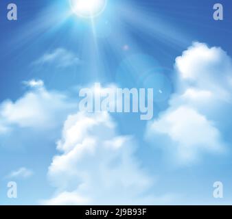 Sun shining in blue sky with white clouds realistic background vector illustration Stock Vector
