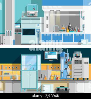 Two science laboratory horizontal banners with compositions of workspace for chemical experiments in modern interior flat vector illustration Stock Vector