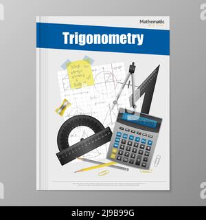 Trigonometry flyer template with copybook rulers calculator pencils rubber and compass vector illustration Stock Vector