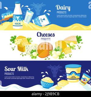 Dairy products horizontal banners with advertising of different cheeses sour cream and milk flat vector illustration Stock Vector