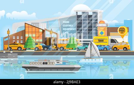 Taxi vehicles template with traffic of cars automobiles ship yacht and bus in flat style vector illustration Stock Vector