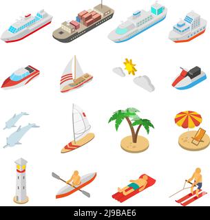 Ships yachts boats and beach vacation isometric icons set isolated vector illustration Stock Vector