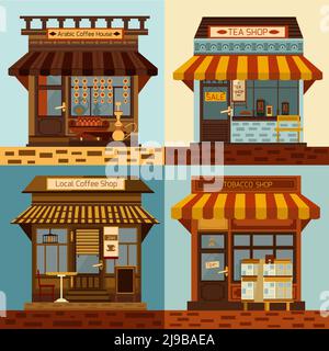 Shops and local mini stores facades set isolated vector illustration Stock Vector