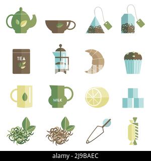 Traditional british tea accessories flat icons set with milk can lemon and teabags  abstract isolated  vector illustration Stock Vector