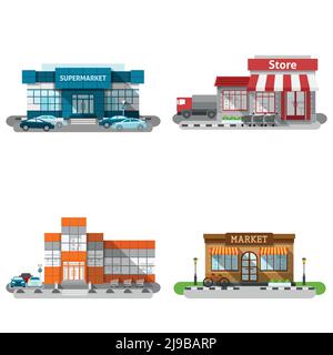 Shops stores and supermarket buildings flat decorative icons set ...