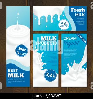 Milk products realistic banners set with splashes on wooden background isolated vector illustration Stock Vector