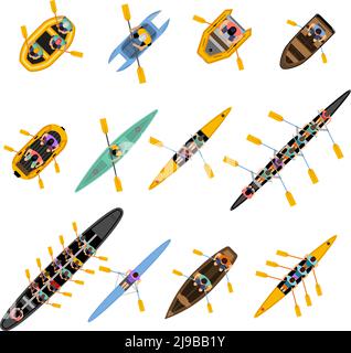 Rafting kayaking top view set with boats of different forms and colors with people inside isolated vector illustration Stock Vector