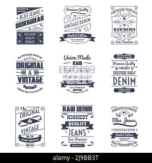 Classical denim jeans typography logo emblems limited edition graphic design icons collection black abstract isolated vector illustration Stock Vector