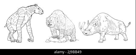 Prehistoric animals - Chalicotherium, cave bear and Megacerops. Drawing with extinct animals. Template for coloring book. Stock Photo