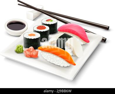 Sushi asian fish food realistic set with plate chopsticks and spices isolated on white background vector illustration Stock Vector