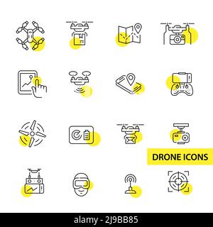Set of drone related line art icons. Control, VR helmet, tracker and camera mount. Pixel perfect, editable stroke Stock Vector