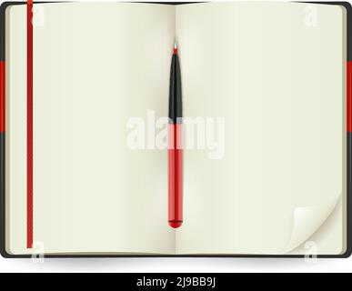Realistic open notepad with red pen isolated on white background vector illustration Stock Vector