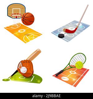 Sport equipment concept set with basketball hockey baseball and tennis accessories isolated vector illustration Stock Vector