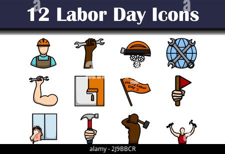 Labor Day Icon Set. Editable Bold Outline With Color Fill Design. Vector Illustration. Stock Vector