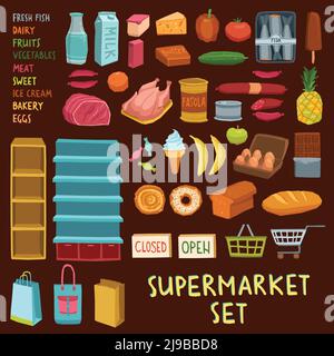 Supermarket icon set with fish dairy meat bakery fruits vegetables ice cream shopping cart basket isolated vector illustration Stock Vector