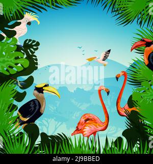 Tropical forest background with exotic plants and wild birds vector illustration Stock Vector
