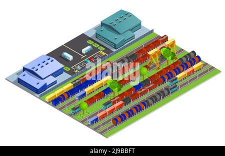 Railroad cargo transportation isometric design concept with warehouse constructions and railway tracks with cisterns containers refrigerators flat vec Stock Vector