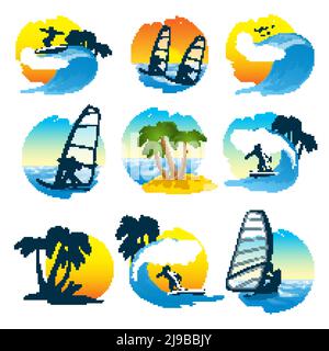 Surfing  icons set with sun  beach and people on the wave  isolated vector illustration Stock Vector