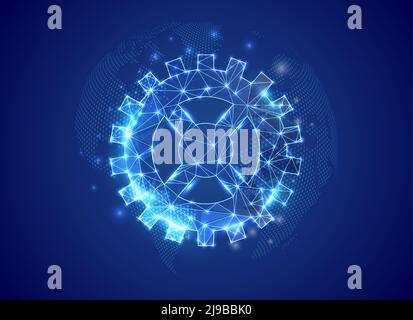 Gear 3d low poly symbol with blue world map background. Technology concept design vector illustration. Gear wheel polygonal symbol with connected dots Stock Vector