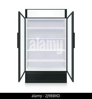 Realistic empty commercial fridge with shelves and transparent opened doors isolated vector illustration Stock Vector
