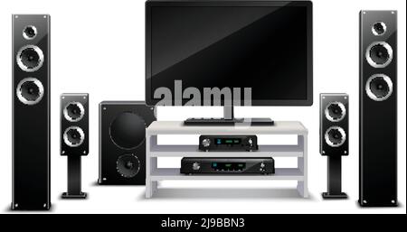 Realistic home theater concept with tv dvd-player and musical speakers isolated vector illustration Stock Vector