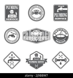 Plumbing service badges with water pipe plumber and tools isolated vector illustration Stock Vector