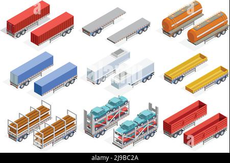 Trailers isometric set of different construction for transportation various kinds of cargo isolated vector illustration Stock Vector