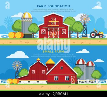 Two farm flat horizontal banners with farm foundation and small farm icons collections on countryside background flat vector illustration Stock Vector