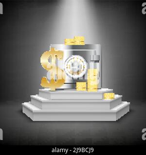 Realistic money financial template with closed safe gold coins dollar sign on illuminated stage isolated vector illustration Stock Vector