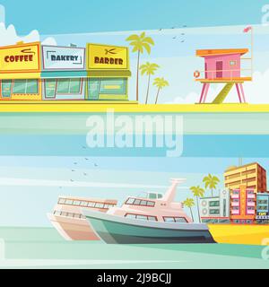 Miami beach horizontal banners in cartoon style with sandy shore seagulls yachts hotels  flat vector illustration Stock Vector