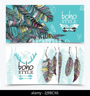 Sketch feathers horizontal banners with colorful plumes branches in boho style vector illustration Stock Vector