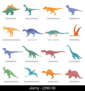 Colored isolated icons set of different types of dinosaurs in cartoon style with name of class or kind flat vector illustration Stock Vector