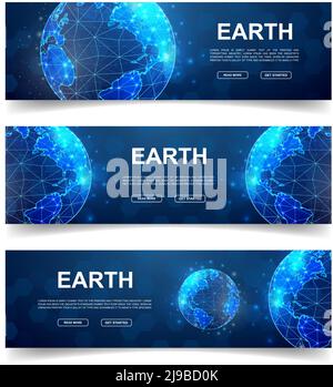 Set of three Earth horizontal banners. Horizontal illustration for homepage design, promo banner. World map low poly symbols with connected dots Stock Vector