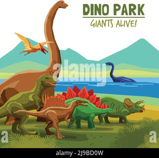 Different flying swimming and land dinosaurs with lake and mountains on background dino park cartoon poster vector illustration Stock Vector