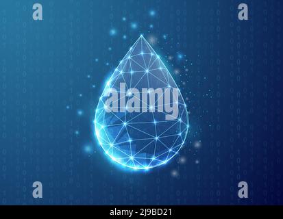 Water drop polygonal symbol with binary code background. Droplet concept design vector illustration. Blue Oil drop low poly symbol with connected dots Stock Vector