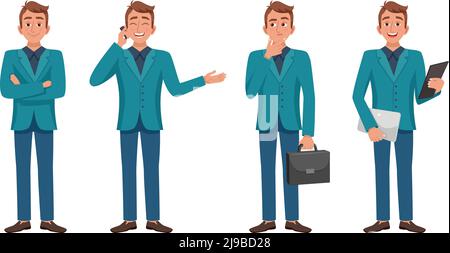 Set of isolated images of cartoon style man character full length in various poses fashionably dressed vector illustration Stock Vector
