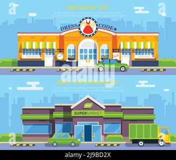 Shop horizontal banners set of best supermarkets and sale in clothes shop compositions flat shadow vector illustration Stock Vector